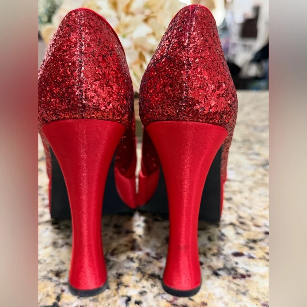 Bordello Pleaser Red Glitter Bow Platform Pumps Dorothy Wizard of Oz Size 8